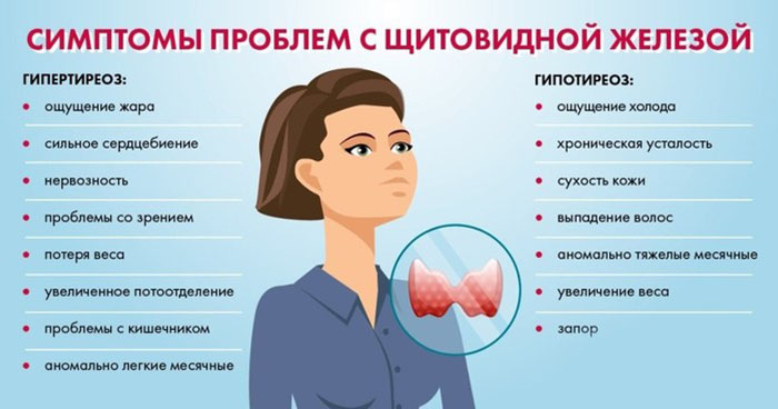 Симптомы недостатка и избытка гормонов щитовидной железы