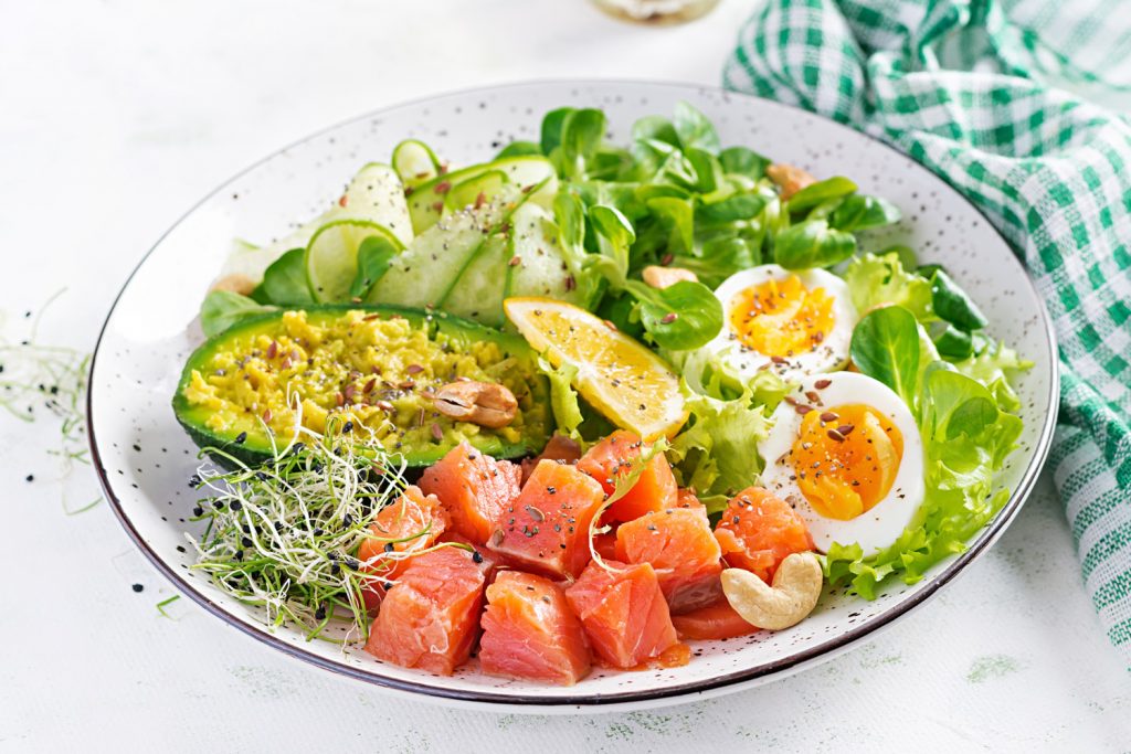 breakfast-salt-salmon-salad-with-greens-cucumbers-eggs-avocado-keto-paleo-lunch